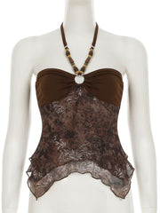 Halter o ring ruched print beaded mesh top