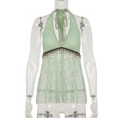 Halter self tie v neck beaded lace top