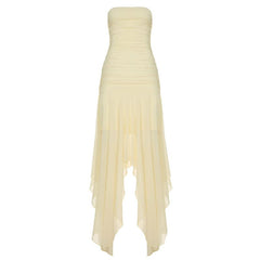 Ruched mesh backless solid tube maxi dress