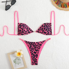 Leopard print self tie v neck cami bikini swimwear