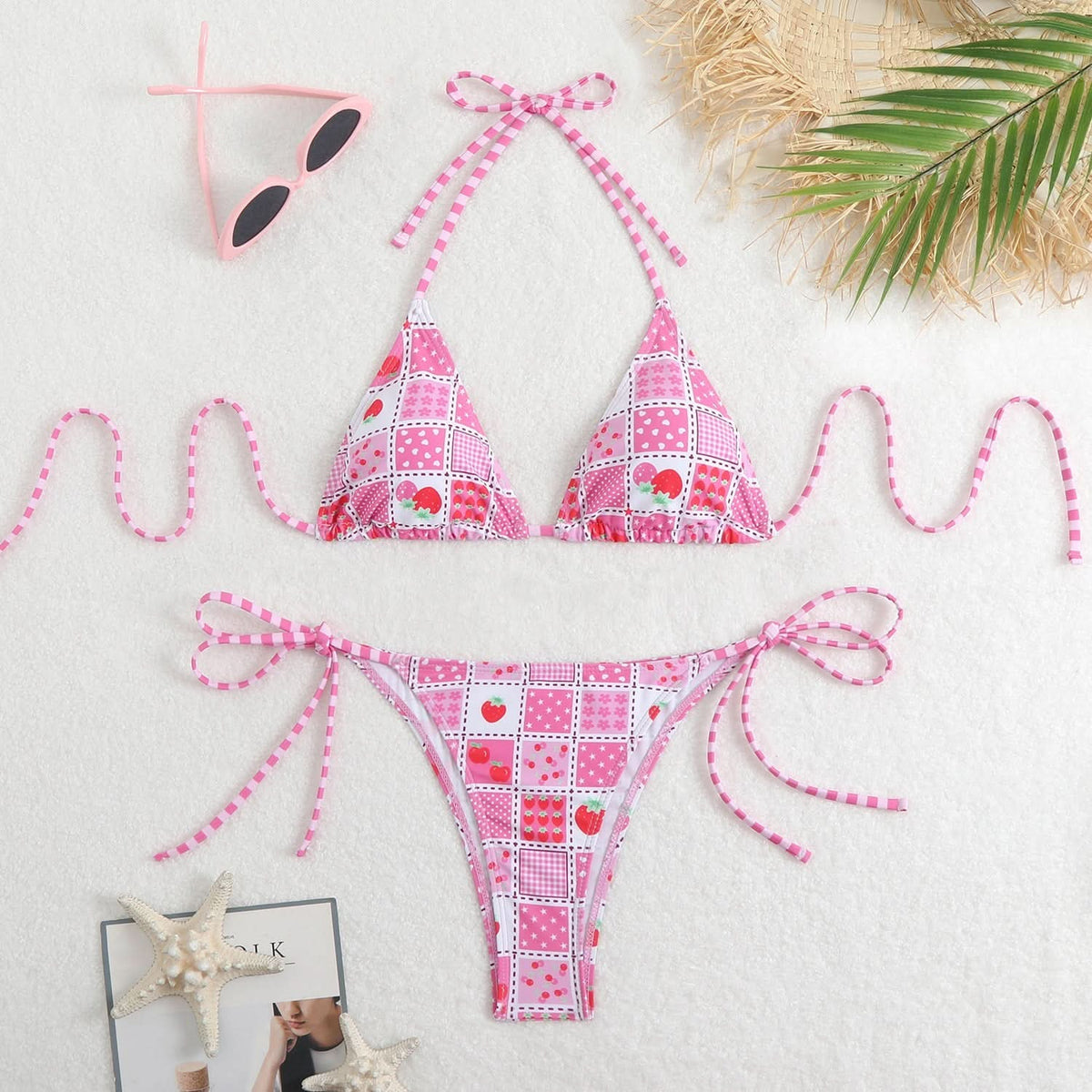 Halter self tie print v neck bikini swimwear