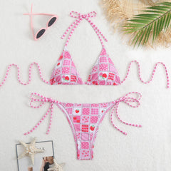 Halter self tie print v neck bikini swimwear