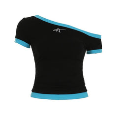 Short sleeve one shoulder embroidery top