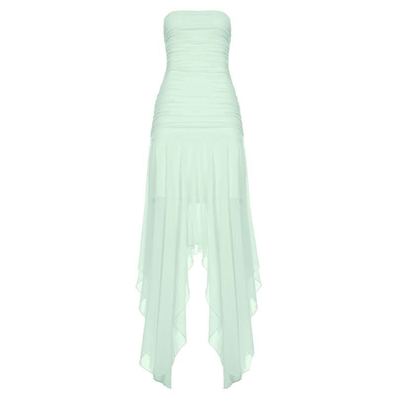 Ruched mesh backless solid tube maxi dress
