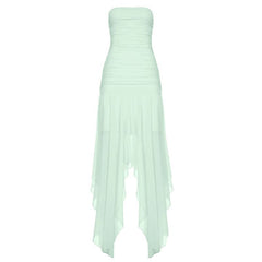 Ruched mesh backless solid tube maxi dress