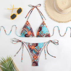 Halter self tie print v neck bikini swimwear