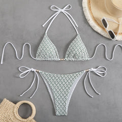 Self tie halter padded v neck bikini swimwear
