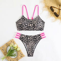 Leopard print u neck o ring cami one piece swimwear