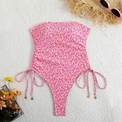 Self tie flower print tube one piece swimwear