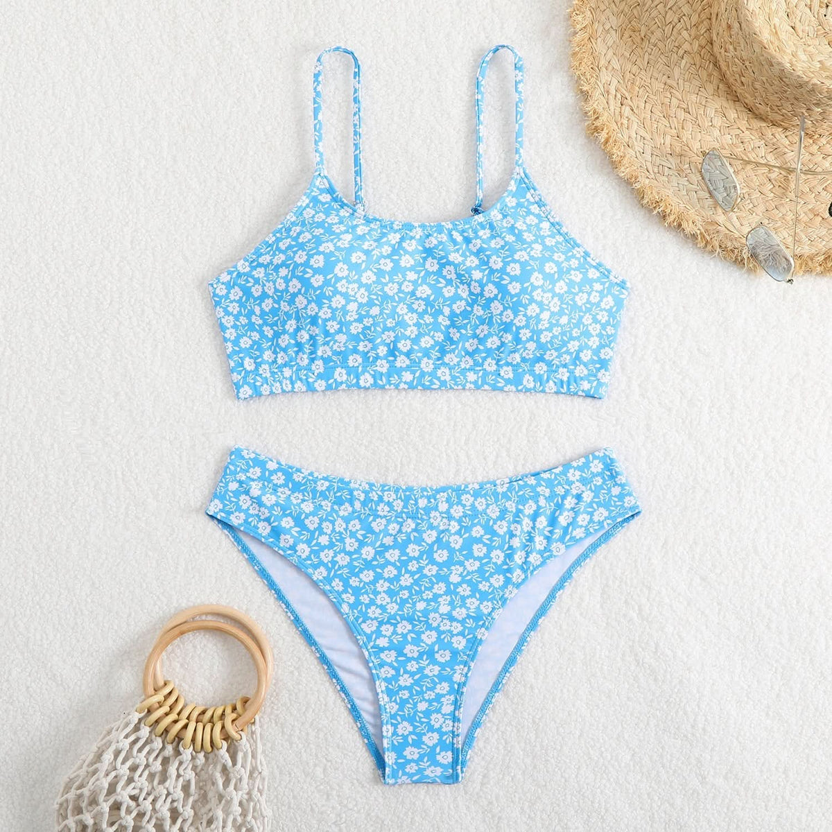 U neck flower print cami bikini swimwear