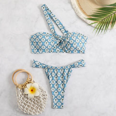 One shoulder print irregular bikini swimwear