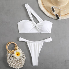 One shoulder print irregular bikini swimwear