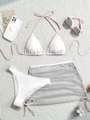 Ruched drawstring halter self tie 3 piece swimwear