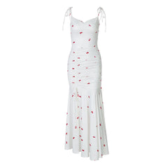 Drawstring slit ruched print cami maxi dress