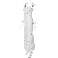 Drawstring slit ruched print cami maxi dress