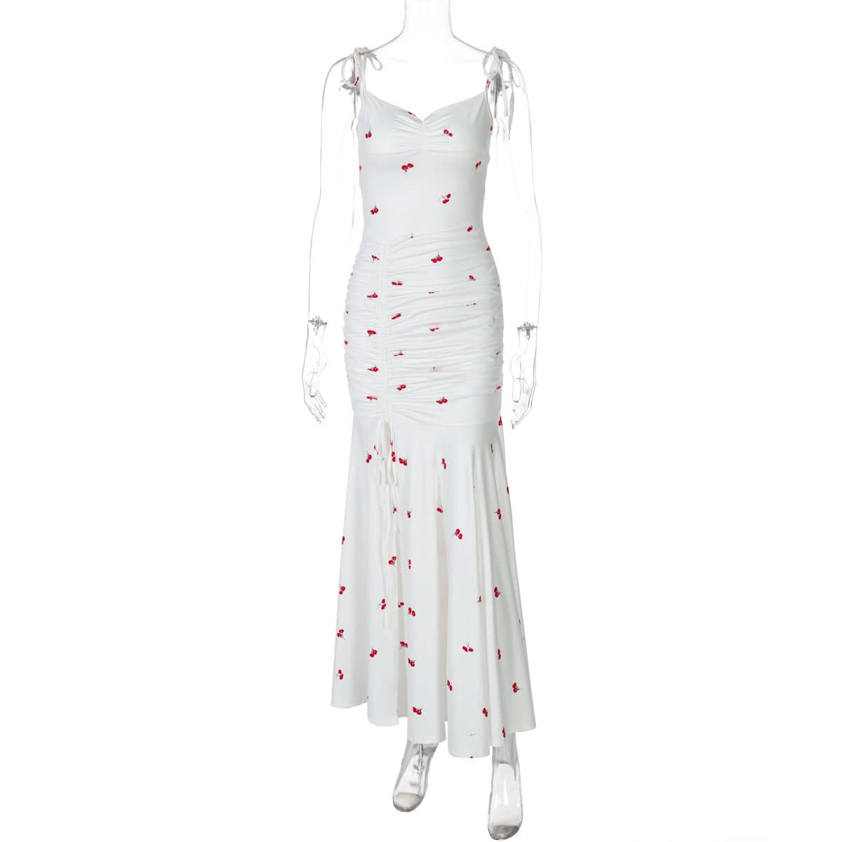 Drawstring slit ruched print cami maxi dress