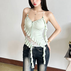 Halter beaded ruffle lace patchwork top