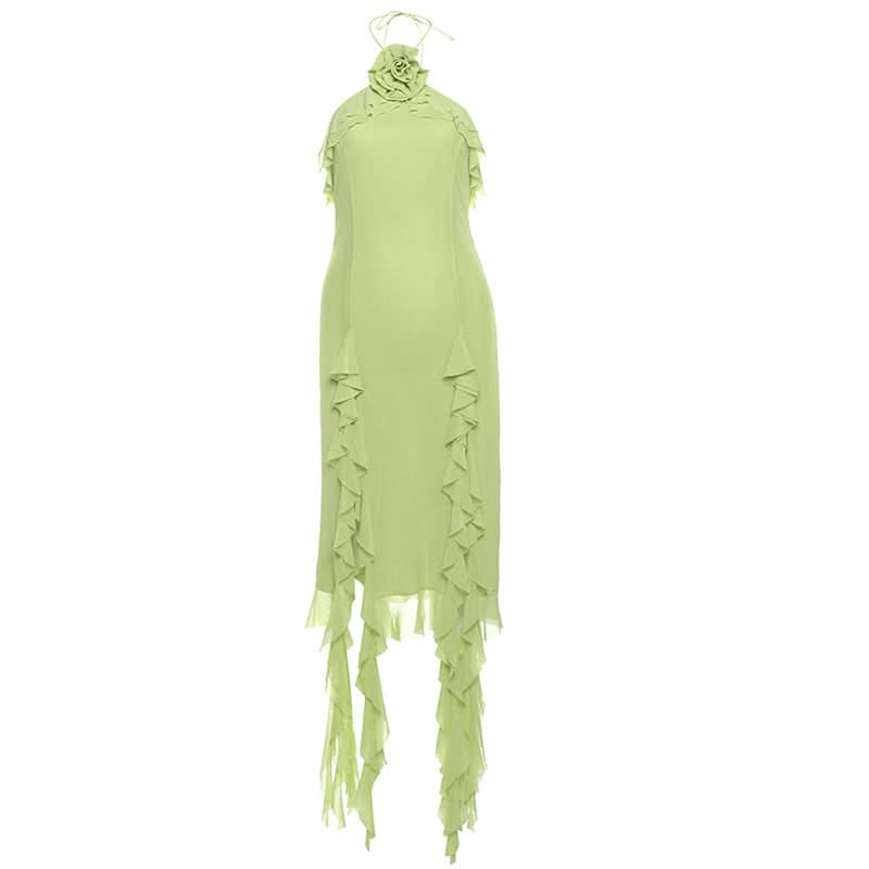 Ruffle flower applique slit halter midi dress