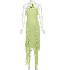 Ruffle flower applique slit halter midi dress