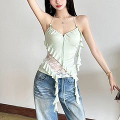 Halter beaded ruffle lace patchwork top
