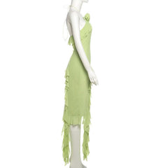 Ruffle flower applique slit halter midi dress