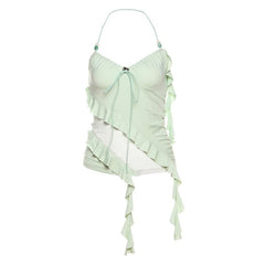 Halter beaded ruffle lace patchwork top