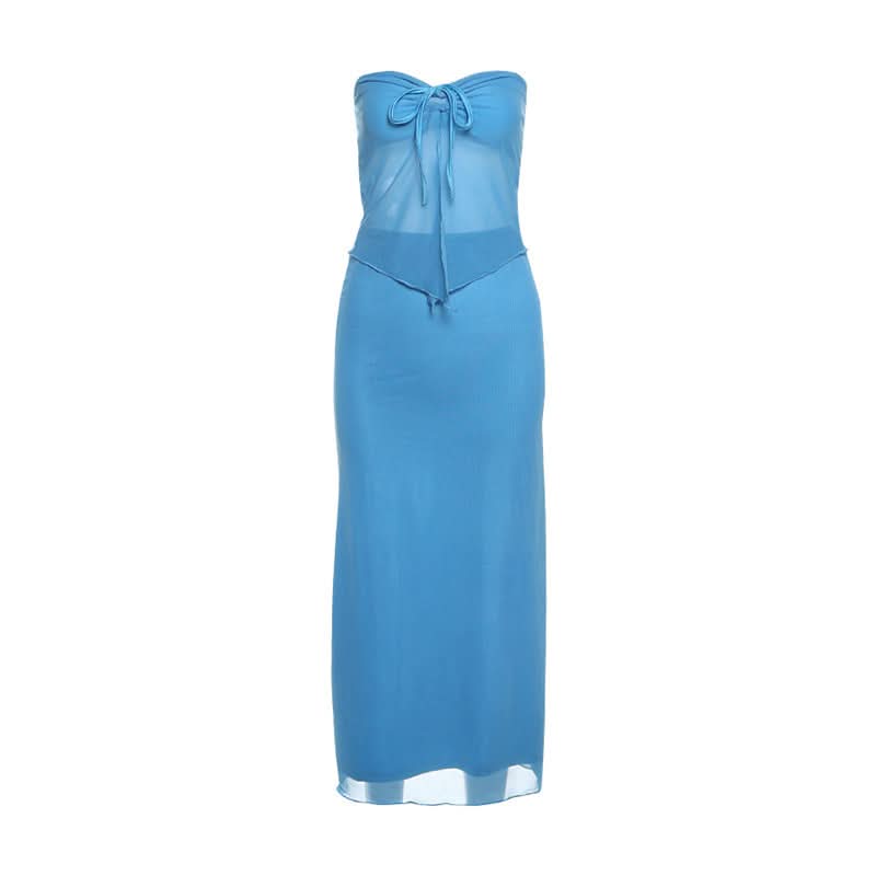 Self tie mesh ruched maxi skirt set