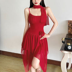 U neck flower applique irregular cami mini dress