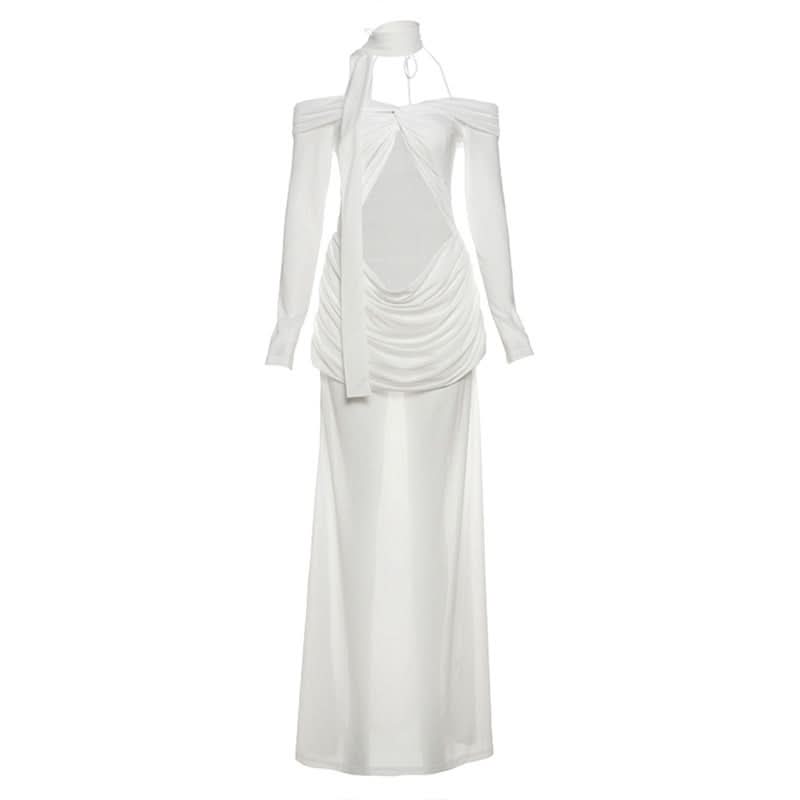Long sleeve off shoulder mesh hollow out cut out maxi dress