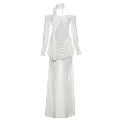 Long sleeve off shoulder mesh hollow out cut out maxi dress