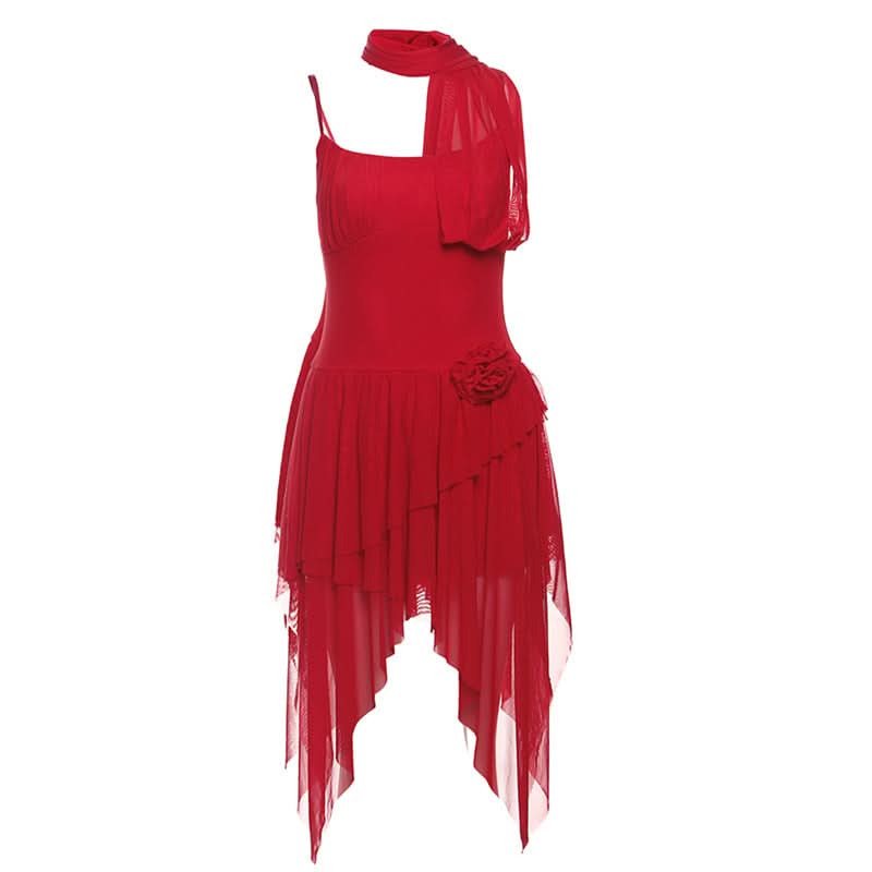 U neck flower applique irregular cami mini dress