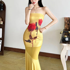 Flower print tube maxi dress
