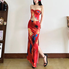 Contrast ruffle slit ruched maxi skirt set