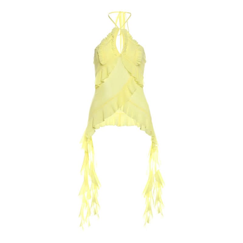 Halter ruffle mesh backless top