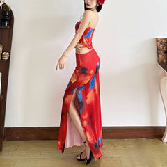 Contrast ruffle slit ruched maxi skirt set