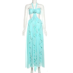 Halter ruffle flower applique self tie maxi dress