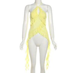 Halter ruffle mesh backless top