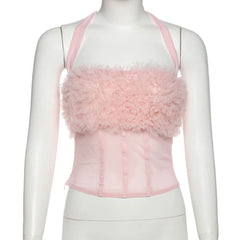 Halter zip-up mesh ruffle backless top