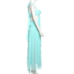 Halter ruffle flower applique self tie maxi dress