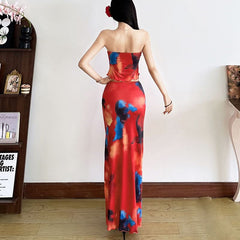 Contrast ruffle slit ruched maxi skirt set