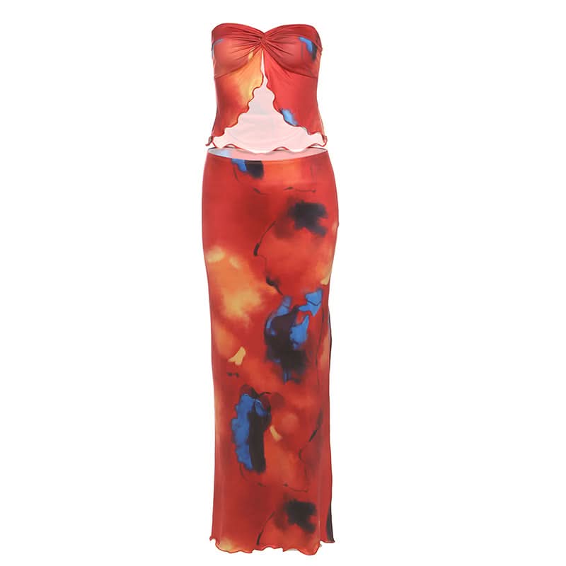 Contrast ruffle slit ruched maxi skirt set