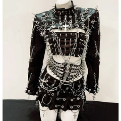 Long sleeve rivet PU leather o ring metal chain belt top
