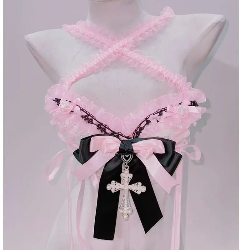 Cross front bowknot ruffle cross applique top