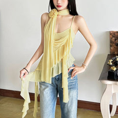 Flower applique ruffle mesh cami top