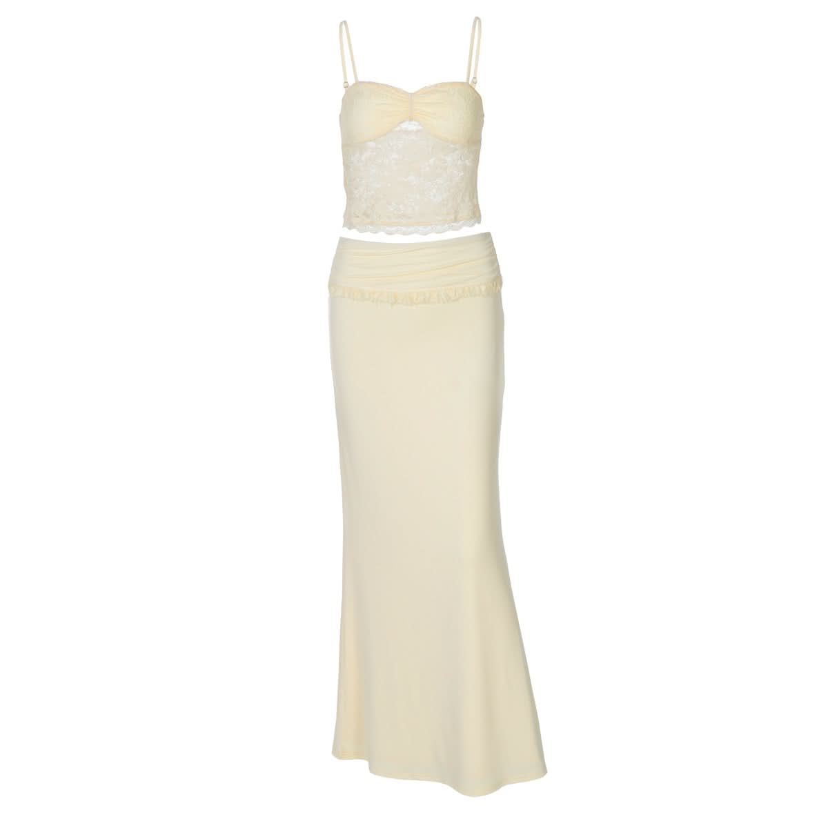 Lace ruched v neck backless cami mini skirt set