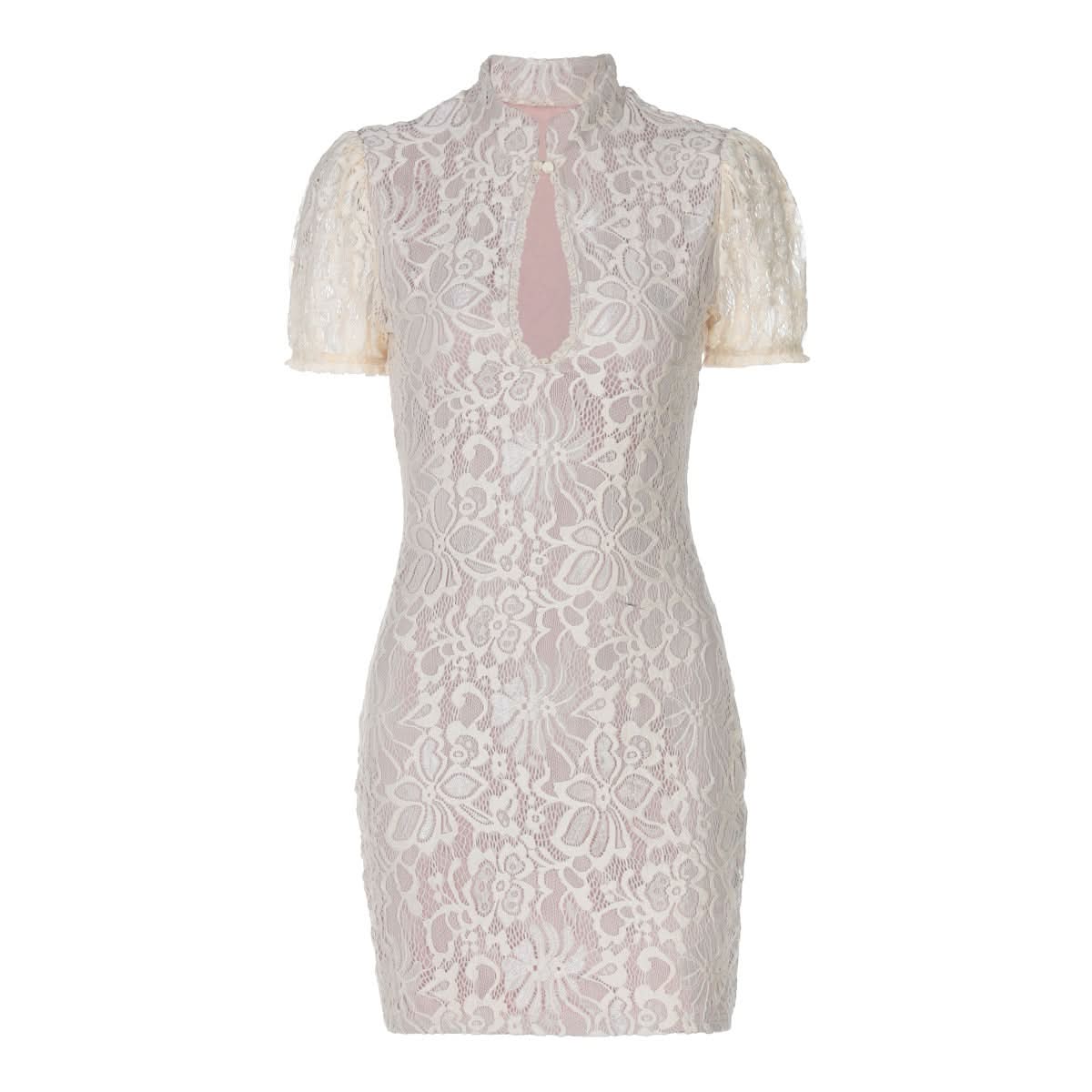 Short sleeve hollow out lace high neck cut out mini dress