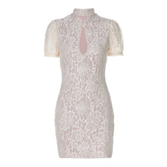 Short sleeve hollow out lace high neck cut out mini dress