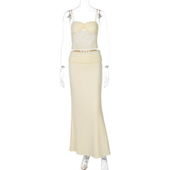 Lace ruched v neck backless cami mini skirt set