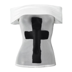 Off shoulder mesh cross pattern tube top