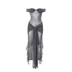 Ruched off shoulder lace up ruffle tube midi dress